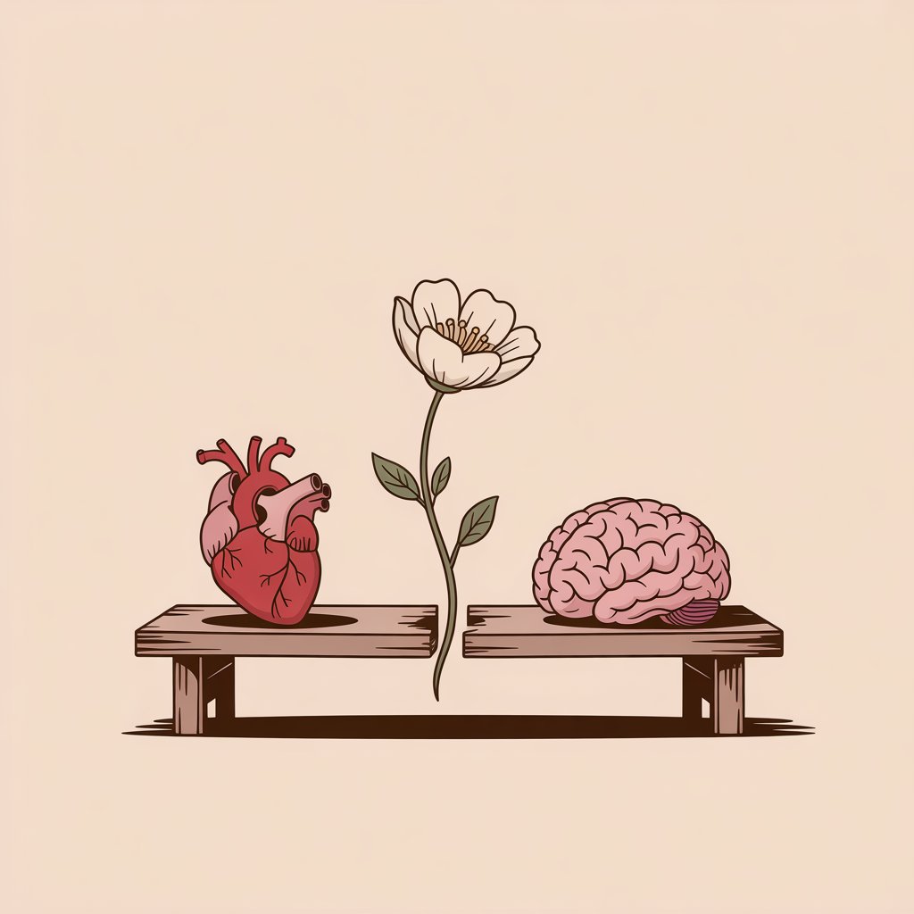 Corazón y cerebro separados con una flor. Conexión para poder sanar.
