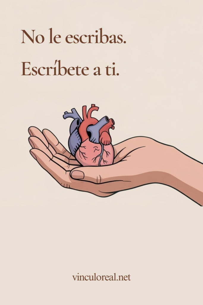 Mano sosteniendo corazón roto. No le escribas. Escribete a ti.